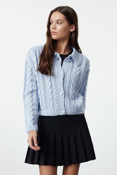 Trendyol Collection Polo Neck Blue Knitwear Crop Cardigan - Twoaw22Hi0448
