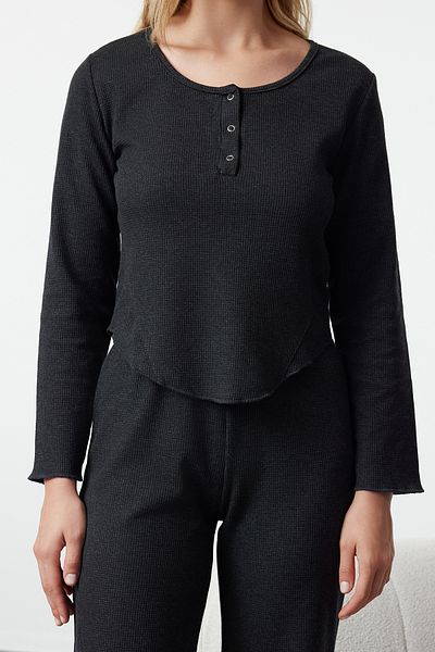 Trendyol Collection Gofri mintás antracit melange kötött pizsama szett - THMAW25PT00041