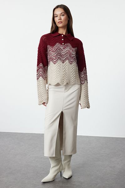 Trendyol Collection Kurzer Strickpullover in Juwelenfarbe Lila – mit Knöpfen, TWOAW23KZ01331