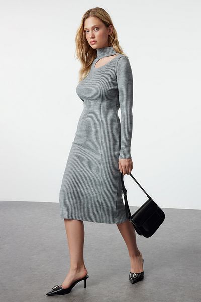 Trendyol Collection Polo Neck Anthracite Midi Knitwear Dress - TWOAW24EL00028