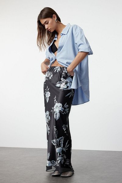 Trendyol Collection Maxi Length Black Satin Patterned Double Layer Tulle Skirt - TWOSS24ET00237