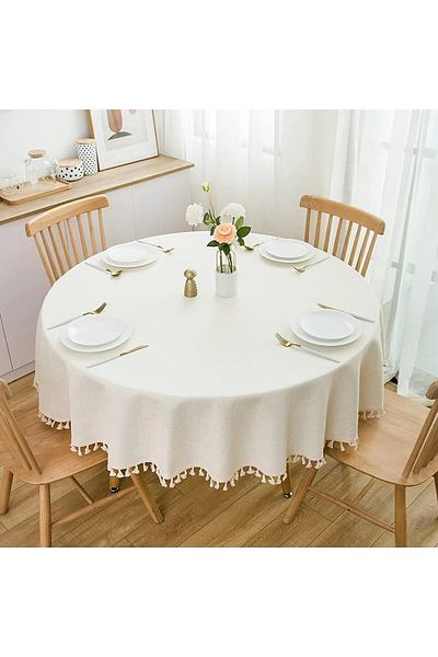 Zeren Home Cremă pentru față de masă rotundă, rezistentă la lichide, cu franjuri