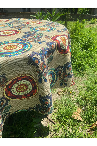 Zeren Home Otantik Dijital Baskı Dertsiz Yuvarlak Masa Örtüsü