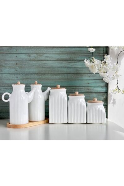 Pembelia Life 6 Parça Ahşap Standlı Porselen Papatya Yağdanlık 3'lu Çay Şeker Tuz Kavanoz Seti Çeyizlik Set Takım