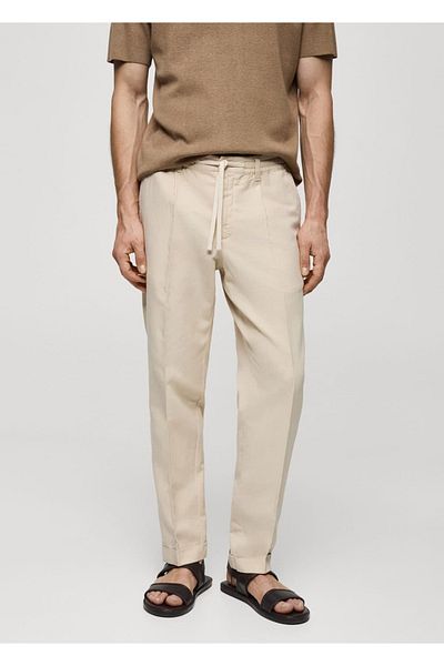 MANGO Man Linen Blended Slim Fit Drawstring Trousers