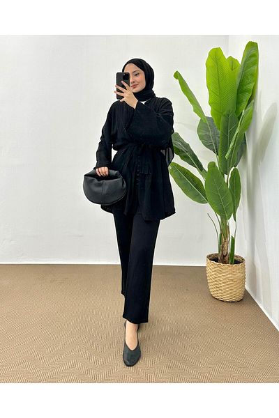 hueonline Black Ribbed Tunique Set