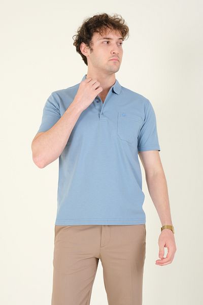 Giyim Dünyası Ανδρικό T-Shirt Blue Polo Neck - Μονό Ζέρσεϊ Ύφασμα, Τσέπη