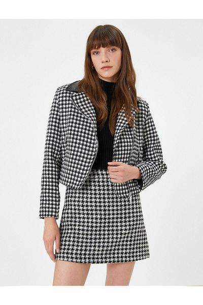 Koton Tweed Biker Jacket with Zippered Pockets Faux Leather Look Collar Detail