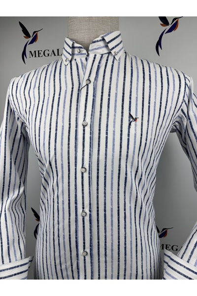 MEGALDİ Erkek Slim Fit Kesim Mavi Çizgili Uzun Kollu Gömlek