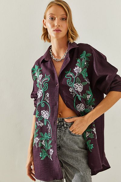 Bianco Lucci Sofia Embroidered Linen Women's Shirt - Modest 60181014