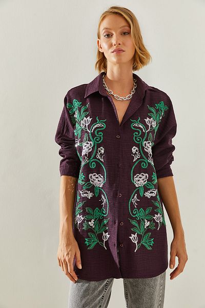 Bianco Lucci Sofia Embroidered Linen Women's Shirt - Modest 60181014