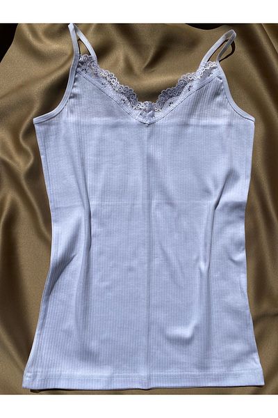 LEYNA BUTİK Women's 3 Pieces Lace Cotton Corded V-Neck Undershirt (Black-White-Ecru)