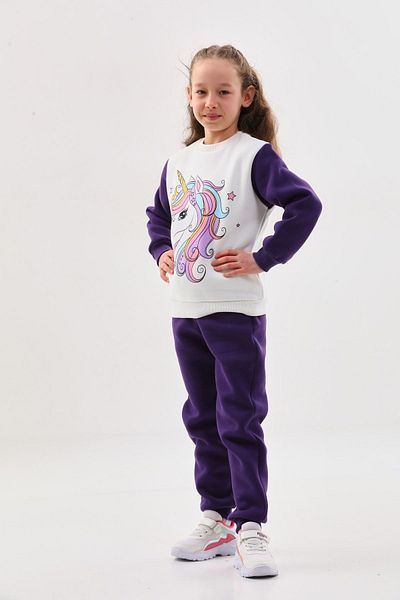 DEVRİMAY TEKSTİL Girl's Purple Fleece Winter 3 Thread Raised Tracksuit Set