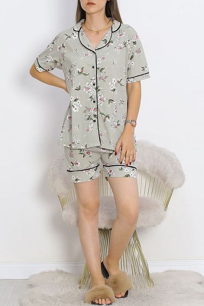 SGDİKEN BUTİK Light Green Buttoned Pajama Set with Shorts - 18944.1567
