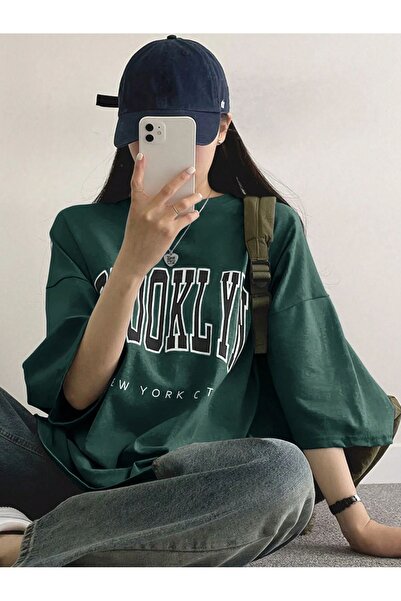 MODARİCH Tricou Brooklyn City - Nefti Green Imprimat Oversize Crew Deck Manec...