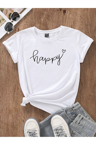 MODARİCH Μπλουζάκι Happy Minimal Oversize Heart - Λευκό εμπριμέ, λαιμόκοψη, κοντό μανίκι