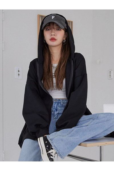 MODARİCH Cardigan simplu de bază - Cardigan negru de iarnă oversize cu glugă și buzunar cu fermoar