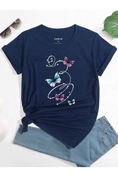 MODARİCH Μπλουζάκι Navy Blue Oversize Flying Butterfly - Λαιμόκοψη, κοντό μανίκι