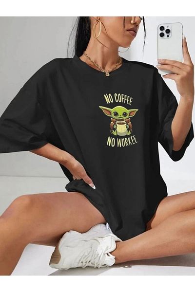 MODARİCH Baby Yoda No Workee T-shirt -black, Printed, Crew Neck, Printed, Short Sleeve, Boyfriend, Loose