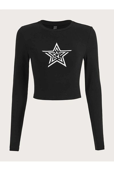 Bengi Clothing Μαύρο Y2k Printed Crop Top - Μακρυμάνικη Γυναικεία Μπλούζα