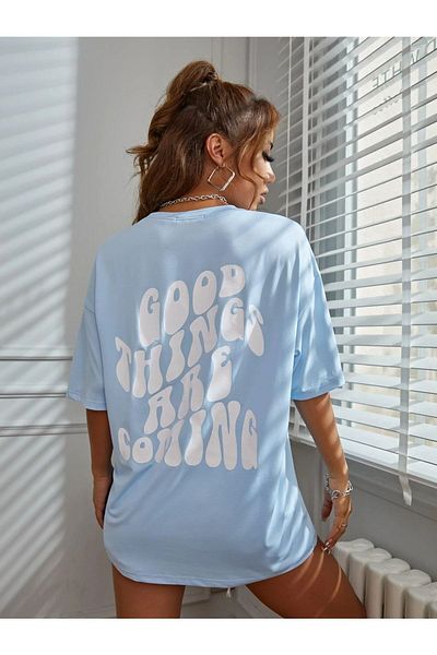 MODARİCH Μπλουζάκι Good Things - Baby Blue, Printed, Crew Neck, Oversize, Κοντομάνικο, Boyfriend, Loose