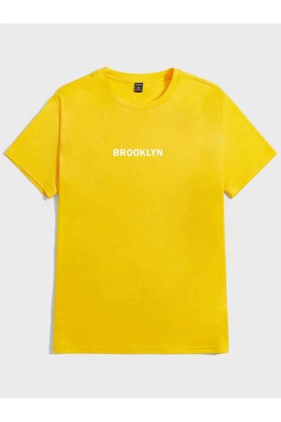 MODARİCH Μπλουζάκι Brooklyn Minimal Text - κίτρινο, εμπριμέ, λαιμόκοψη, υπερμεγέθη, κοντό μανίκι, χαλαρό