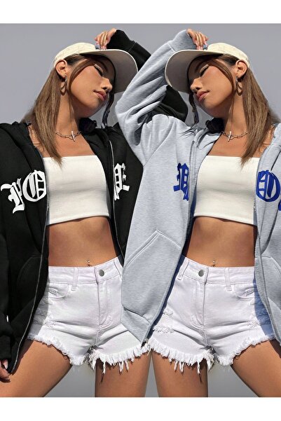 MODARİCH 2'Li Hope Hırka - Siyah Gri Baskılı Kışlık Oversize Kapüşonlu Fermua...