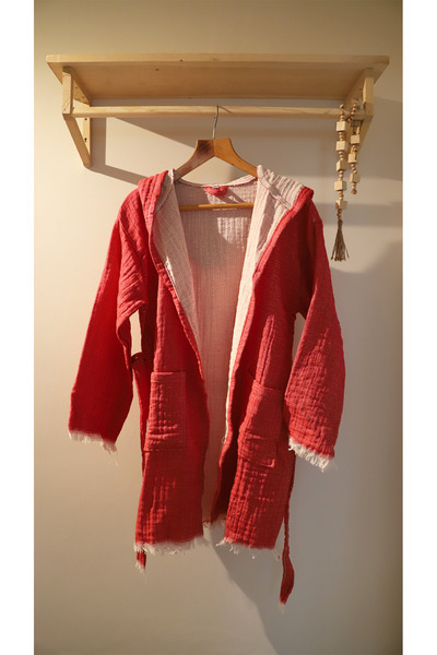 AQUATOLIA Muslin Efes Hooded Short Bathrobe - Cotton Unisex Hooded Bathrobe