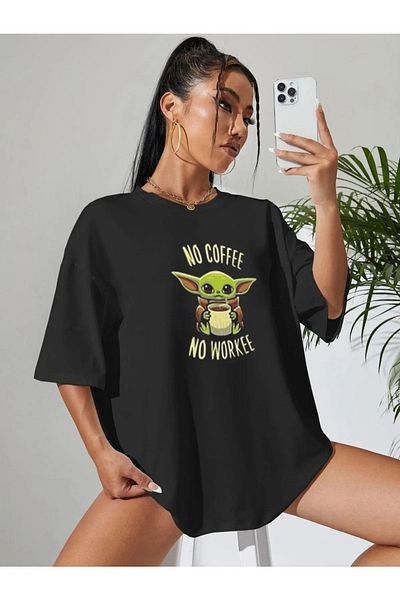 MODARİCH Baby Yoda No Workee T-shirt -black, Printed, Crew Neck, Printed, Short Sleeve, Boyfriend, Loose