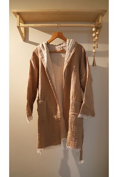 AQUATOLIA Muslin Efes Hooded Short Bathrobe - Cotton Unisex Hooded Bathrobe