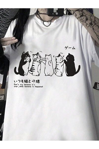 MODARİCH Happened Cats T-Shirt - Λευκό εμπριμέ Oversize Crew λαιμόκοψη κοντό μανίκι φαρδύ