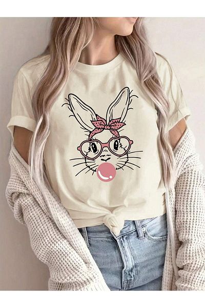 MODARİCH T-Shirt Rabbit with Glasses - Μπεζ εμπριμέ Oversize Crew λαιμόκοψη κοντό μανίκι