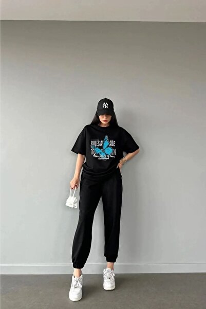 Mythologie Rules Butterfly T-shirt Sweatpants Jogger - Σετ φόρμας με μαύρη στάμπα Oversize Crew Neck