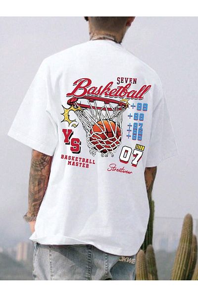 Mythologie Μπλουζάκι Basketball 07 - Λευκό εμπριμέ κοντό μανίκι με λαιμόκοψη