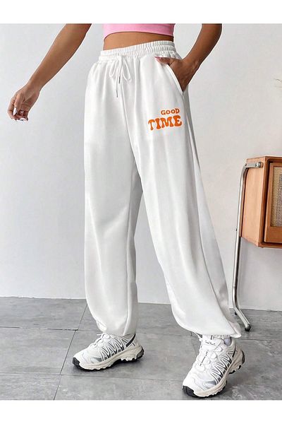 Mythologie Good Time Sweatpants Jogger - Λευκό εμπριμέ λαστιχένιο πόδι ψηλόμεσο χειμώνα