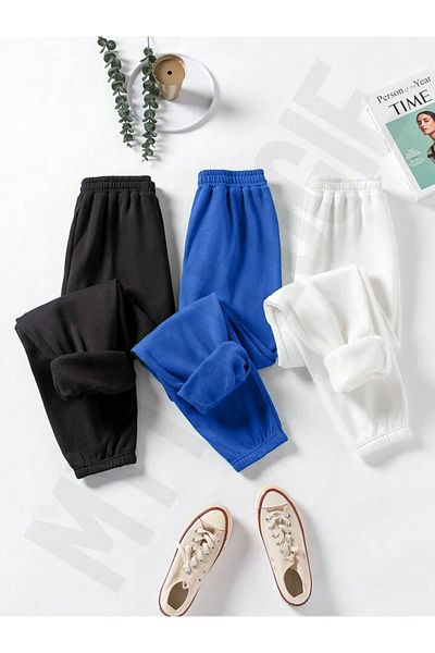 Mythologie 3-balení nepotištěných tepláků Jogger - Black Sax Blue White Elastické nohavice Letní s vysokým pasem