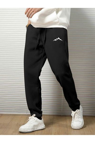 Mythologie Mountain Silhouette Sweatpants Jogger - Black Printed Elastic Leg High Waist Winter