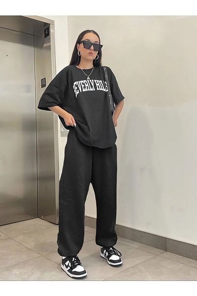 Mythologie Beverly Hills T-shirt Sweatpants - Black Tracksuit Set Bottom Top Set Oversize Crew Neck