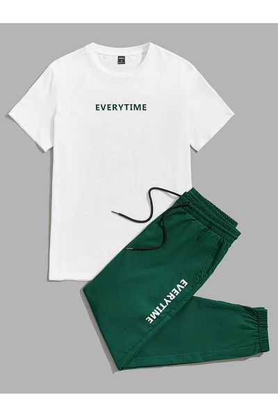 Mythologie Evertime White Jogger T-Shirt και Nefti Green Sweatpants - Oversize Crew Neck Set