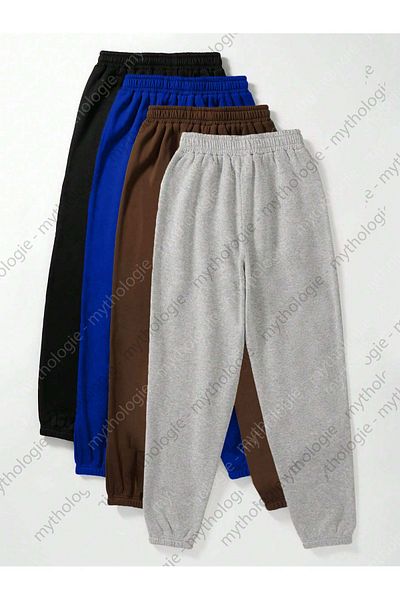 Mythologie Συσκευασία 4 Boston Printed Jogger Sweatpants - Μαύρο Sax Μπλε Καφέ Γκρι ελαστικό πόδι ψηλή μέση