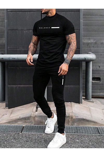 Mythologie Black Jogger T-Shirt and Sweatpants Set - Oversize Crew Neck