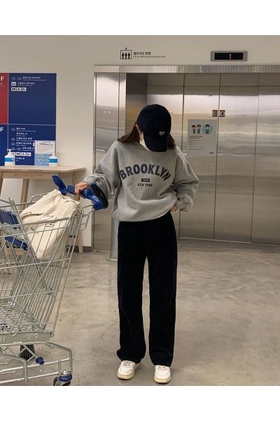 Mythologie Μπλούζα Brooklyn Grey Μαύρο Φούτερ - Εκτύπωση Wide Leg Crew Neck Oversize
