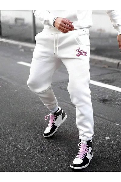 Mythologie King Text Figure Sweatpants Jogger - White Printed Elastic Leg High Waist