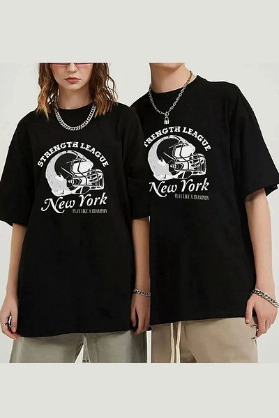 Mythologie Strength League T-Shirt Διπλό Ζευγάρι Lover Συνδυασμός 2 τεμαχίων - Μαύρη στάμπα Oversize Crew Neck