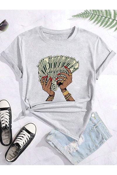 Mythologie Money T-Shirt - Γκρι εμπριμέ κοντό μανίκι με λαιμόκοψη