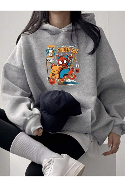 MODARİCH Світшот Spider Cat - сірий принтований худі з капюшоном великого роз...