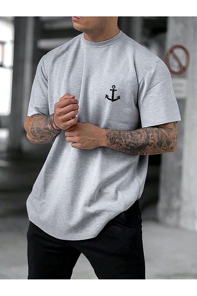 Mythologie Anchor Logo T-Shirt - Gray Printed Oversize Crew Neck Short Sleeve