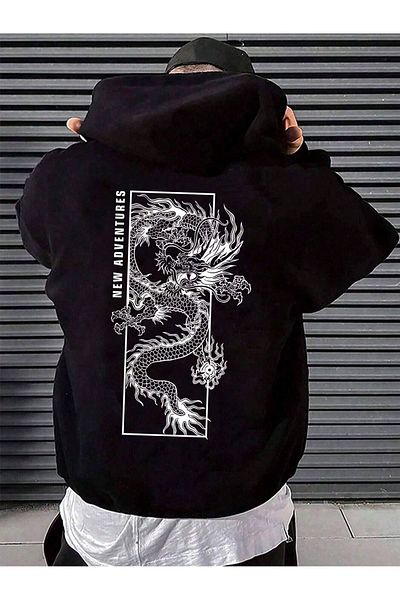 MODARİCH Φούτερ Adventures Dragon - Μαύρο εμπριμέ κουκούλα με κορδέλα