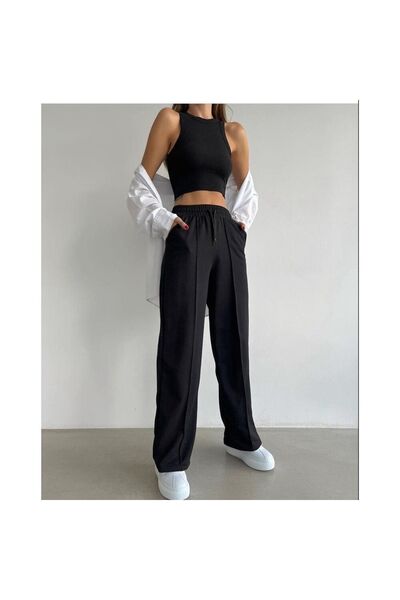 CNG MODA بنطال رياضي نسائي أسود مخطط بخيطين وواسع الساق