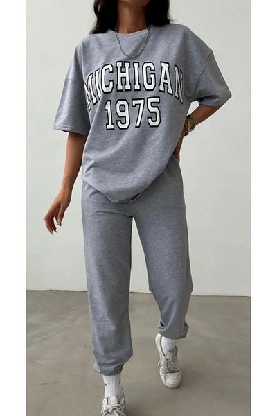 Mythologie 1975 Michigan Crew Neck Gray Oversize Tracksuit Set - Jogger T-shirt